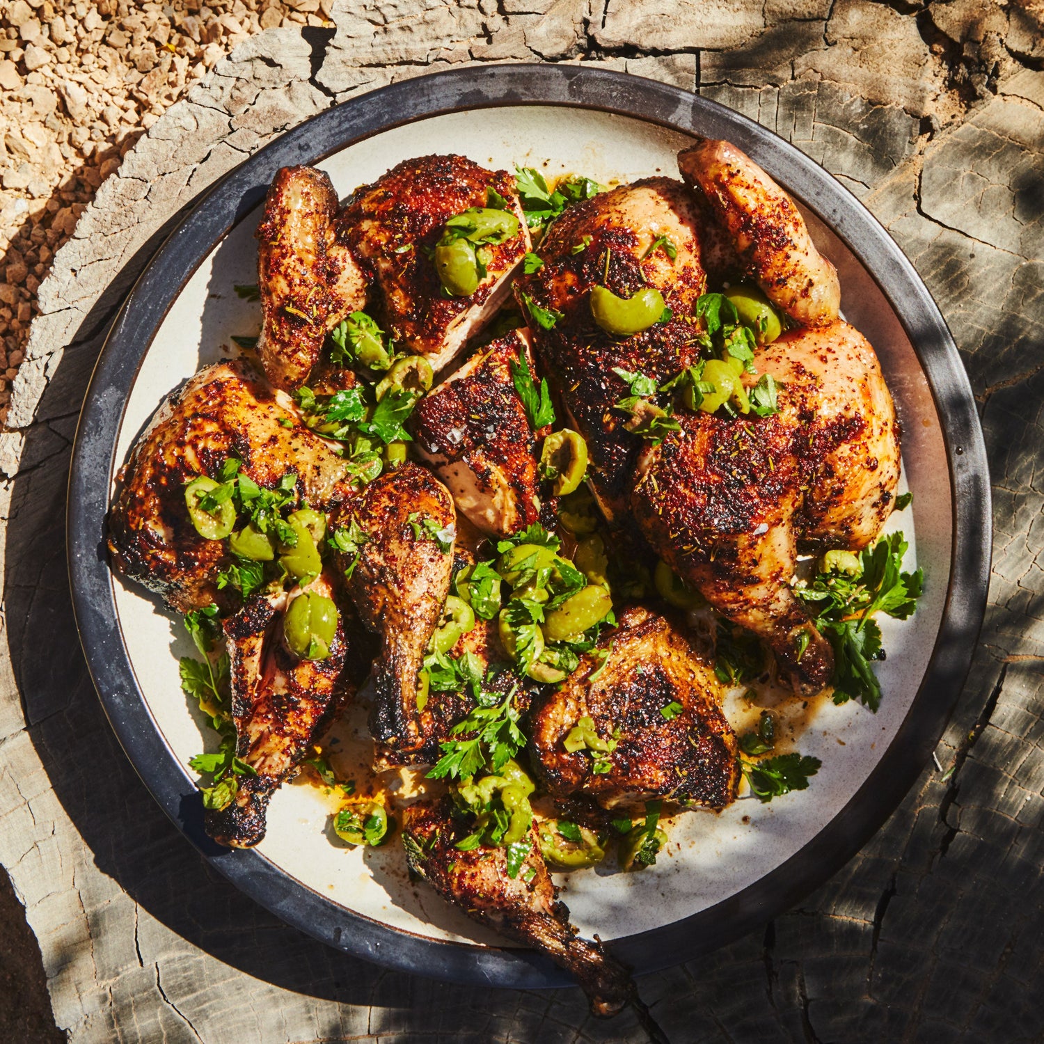 Butterflied Chicken with Herbs and Cracked Olives